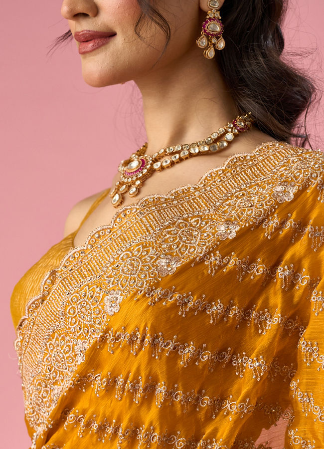 Mohey Women Mustard Yellow Organza Saree with Stone Work