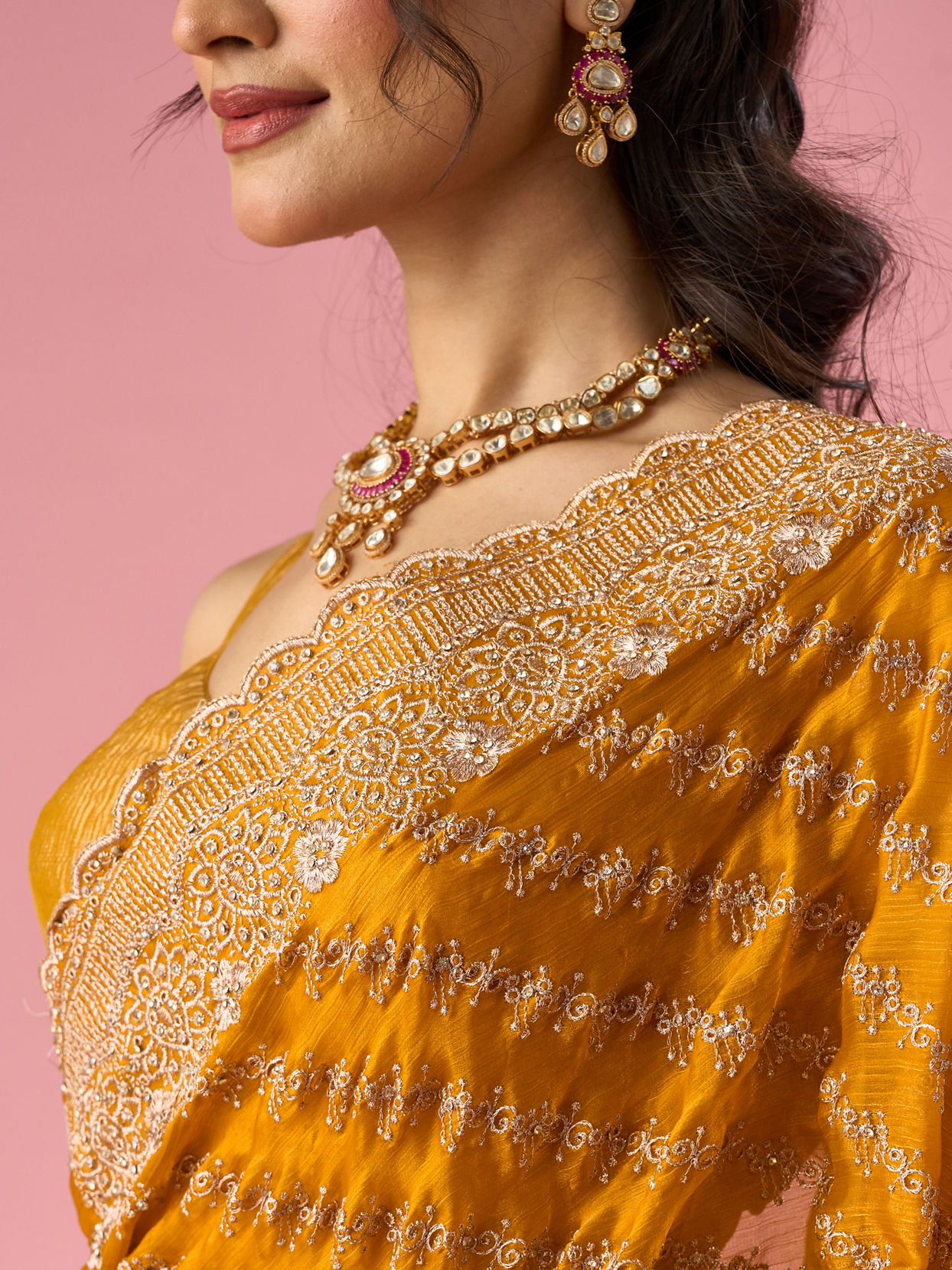 Mohey Women Mustard Yellow Organza Saree with Stone Work