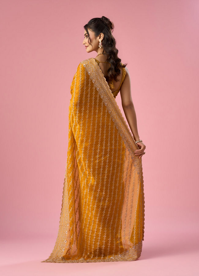 Mohey Women Mustard Yellow Organza Saree with Stone Work
