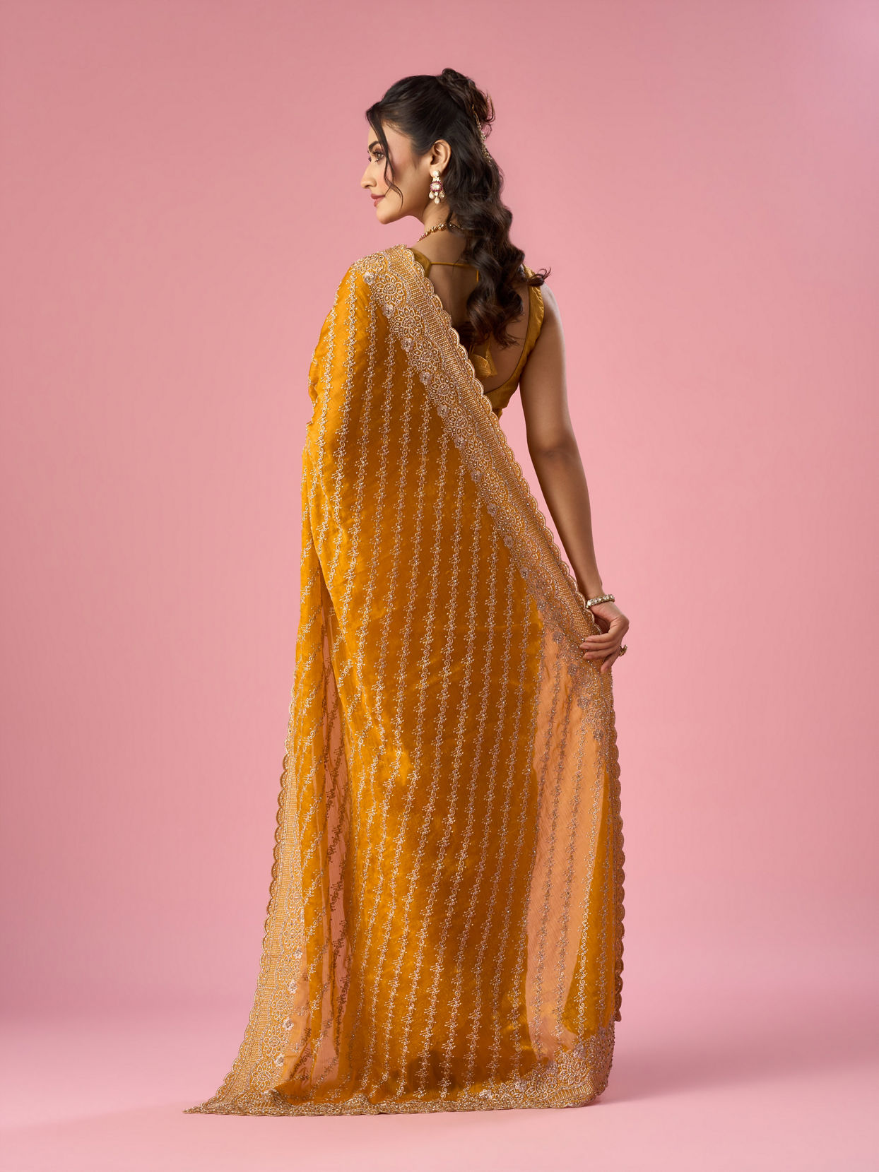 Mohey Women Mustard Yellow Organza Saree with Stone Work