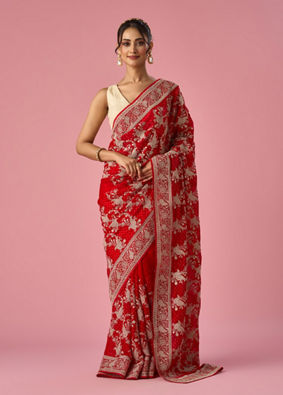 Mohey Women Red Organza Saree with Stone Work