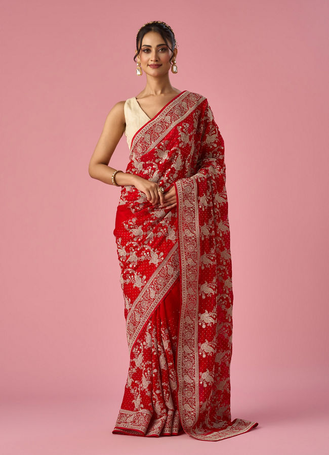 Mohey Women Red Organza Saree with Stone Work