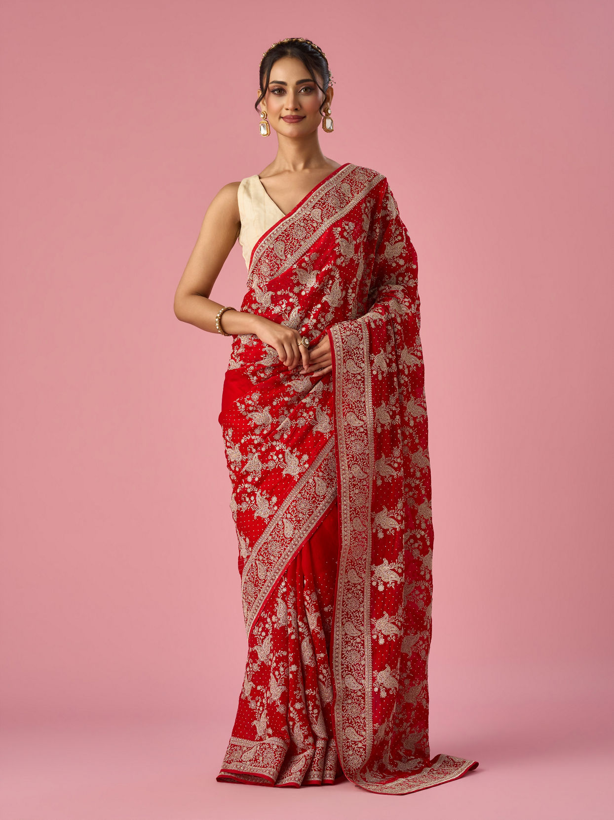 Mohey Women Red Organza Saree with Stone Work