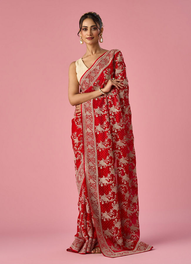 Mohey Women Red Organza Saree with Stone Work