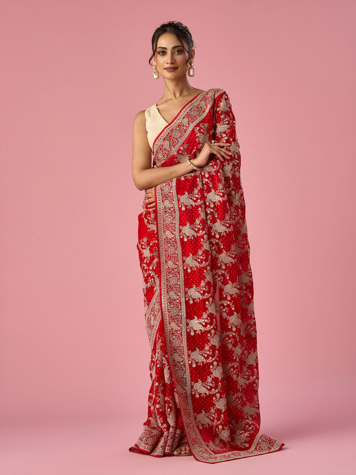 Mohey Women Red Organza Saree with Stone Work