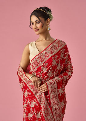 Mohey Women Red Organza Saree with Stone Work