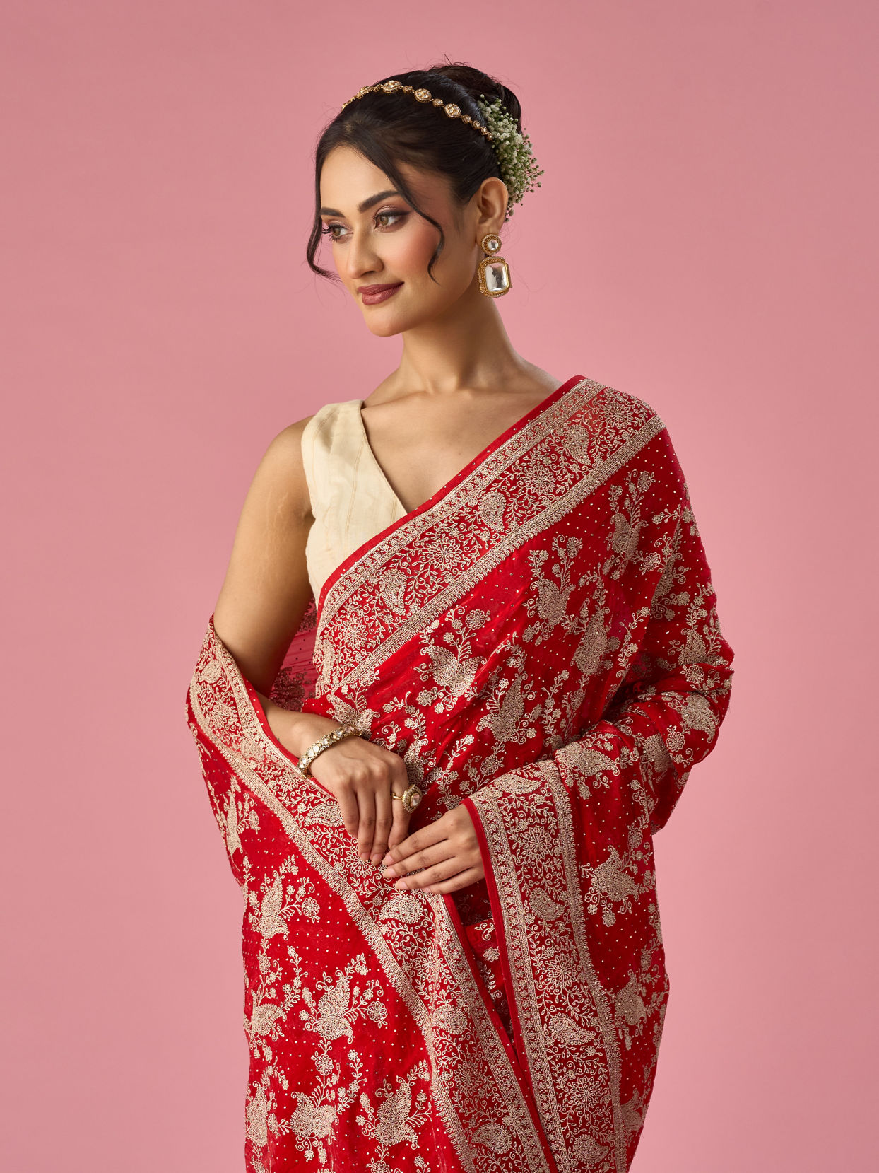 Mohey Women Red Organza Saree with Stone Work