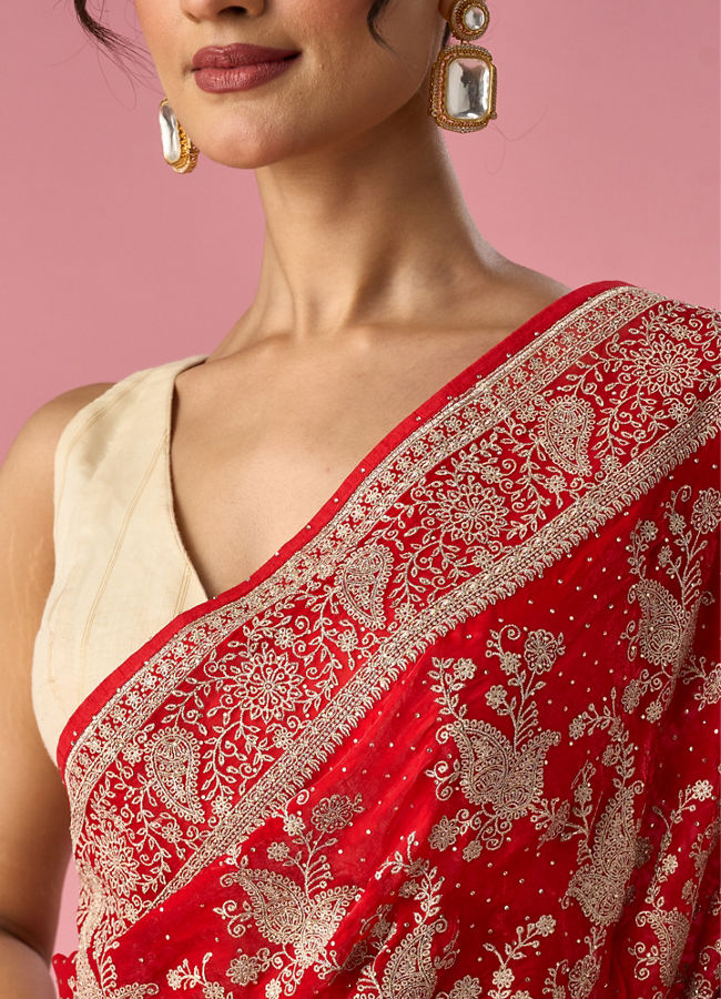 Mohey Women Red Organza Saree with Stone Work