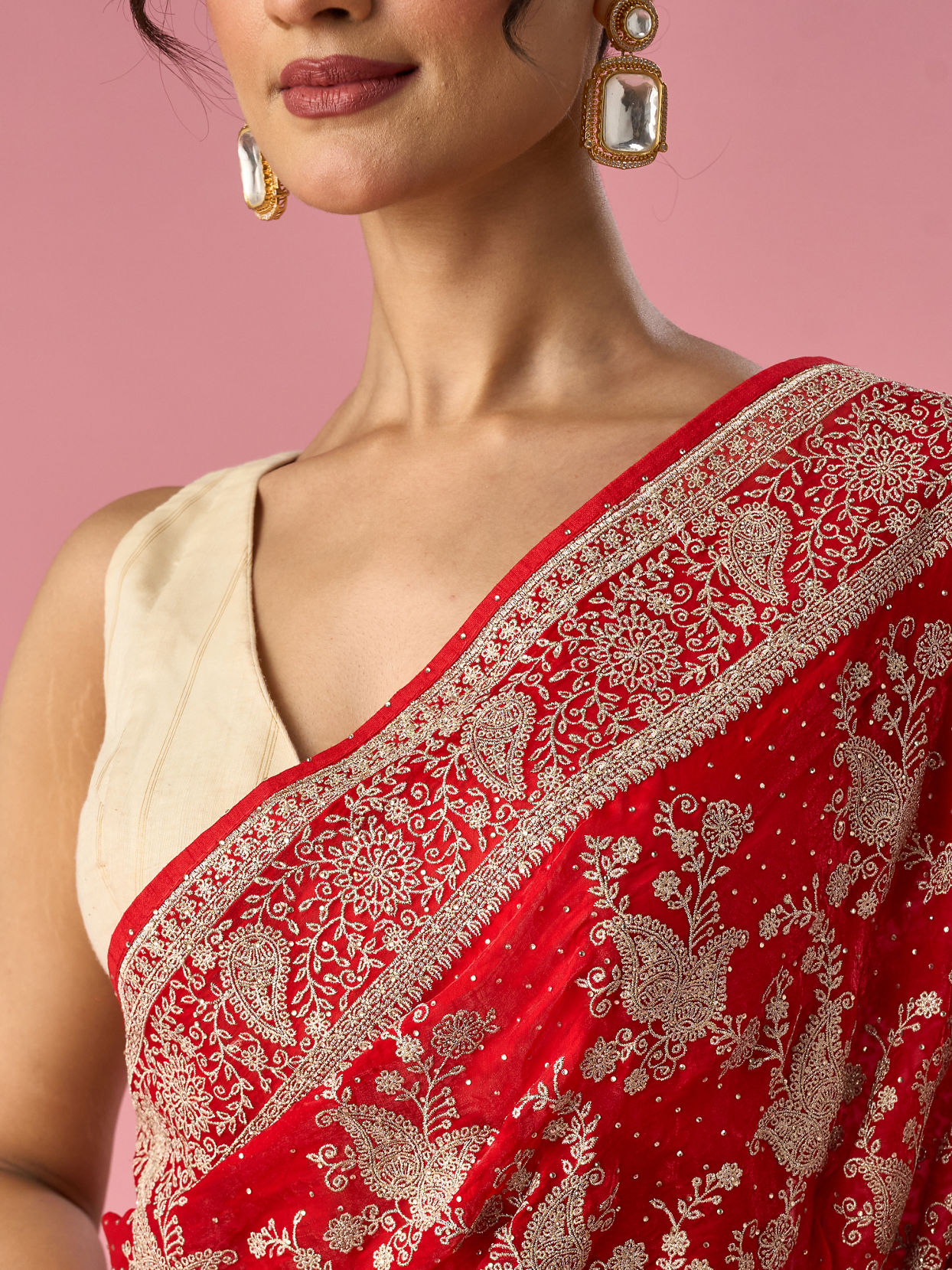 Mohey Women Red Organza Saree with Stone Work