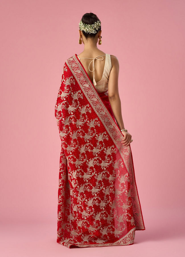Mohey Women Red Organza Saree with Stone Work