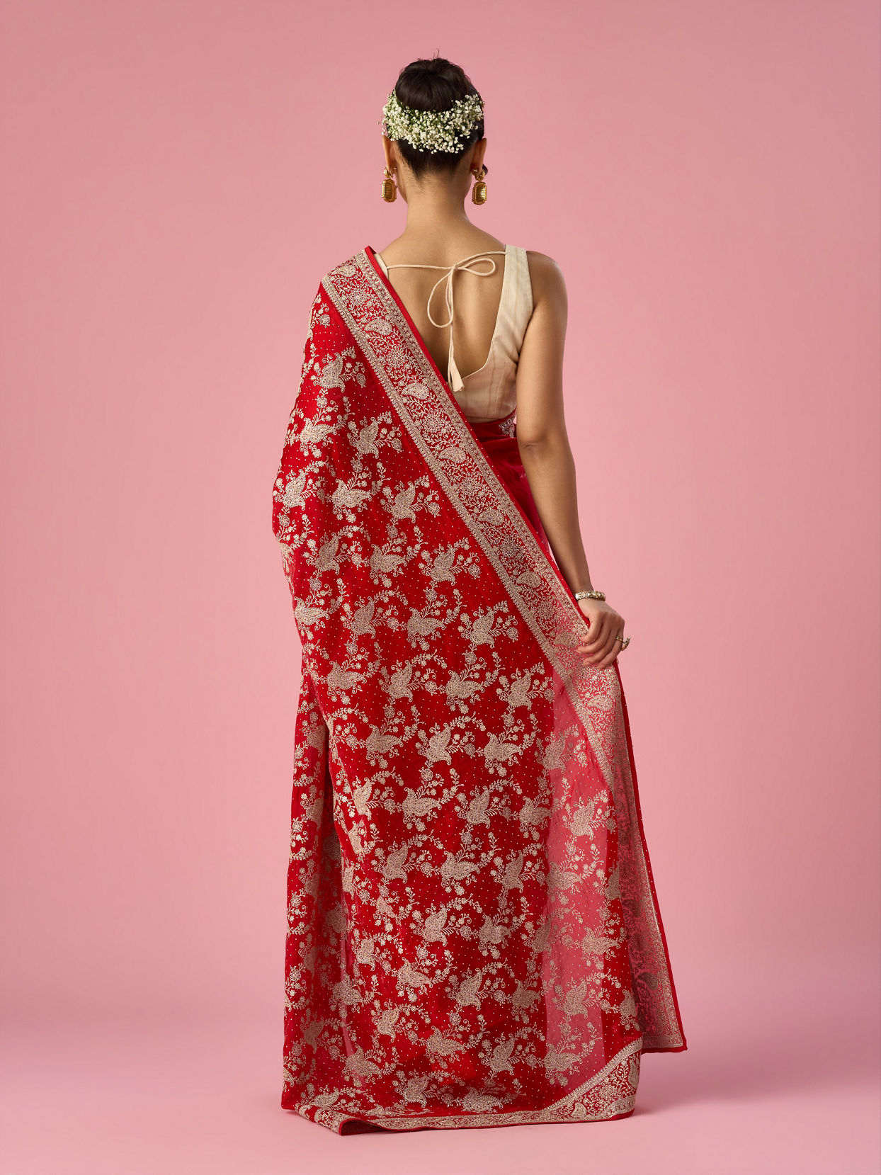 Mohey Women Red Organza Saree with Stone Work
