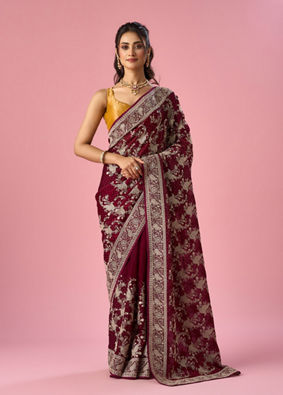 Mohey Women Wine Organza Saree with Stone Work