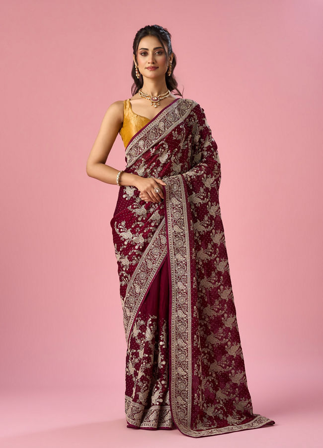 Mohey Women Wine Organza Saree with Stone Work