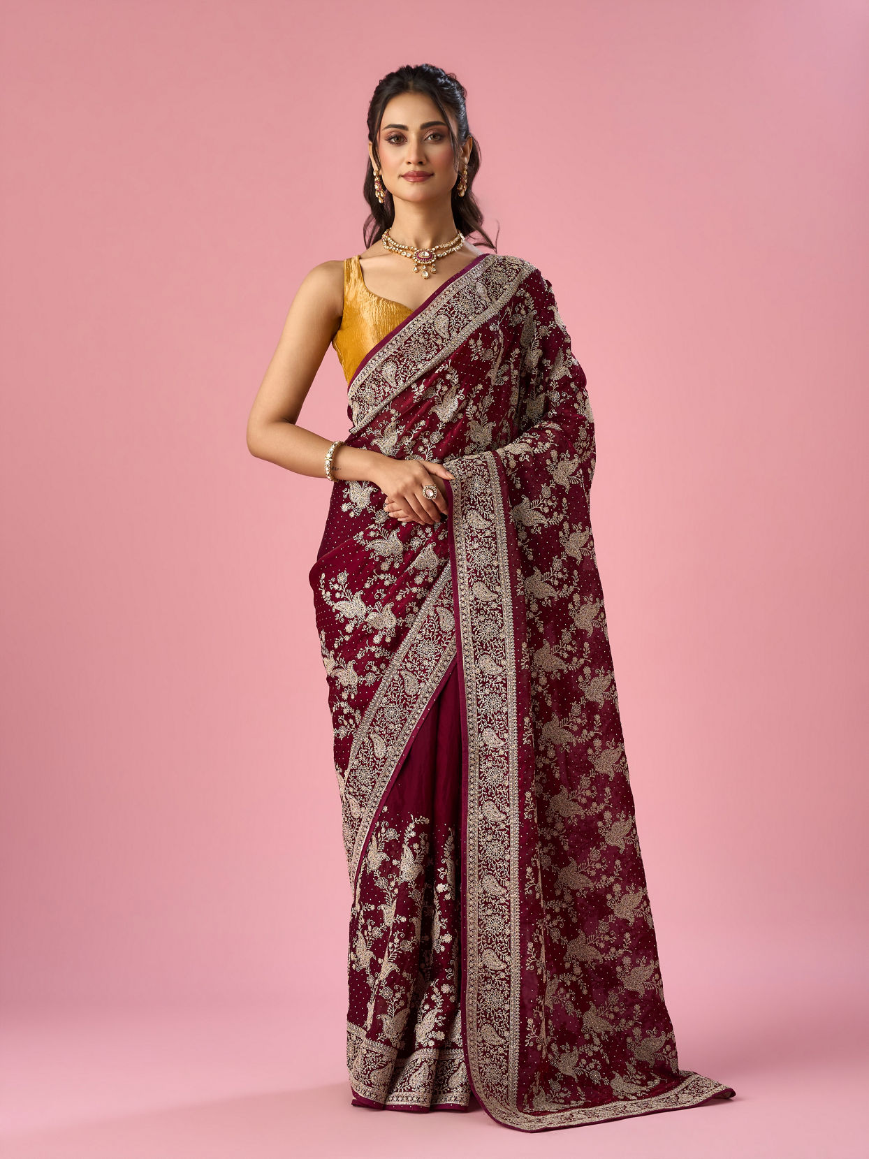 Mohey Women Wine Organza Saree with Stone Work