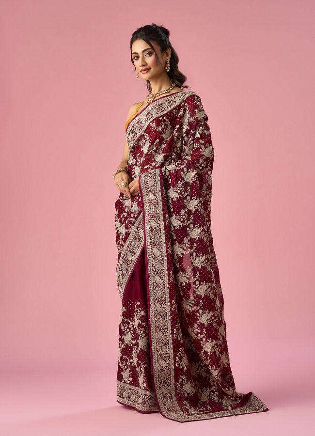 Mohey Women Wine Organza Saree with Stone Work