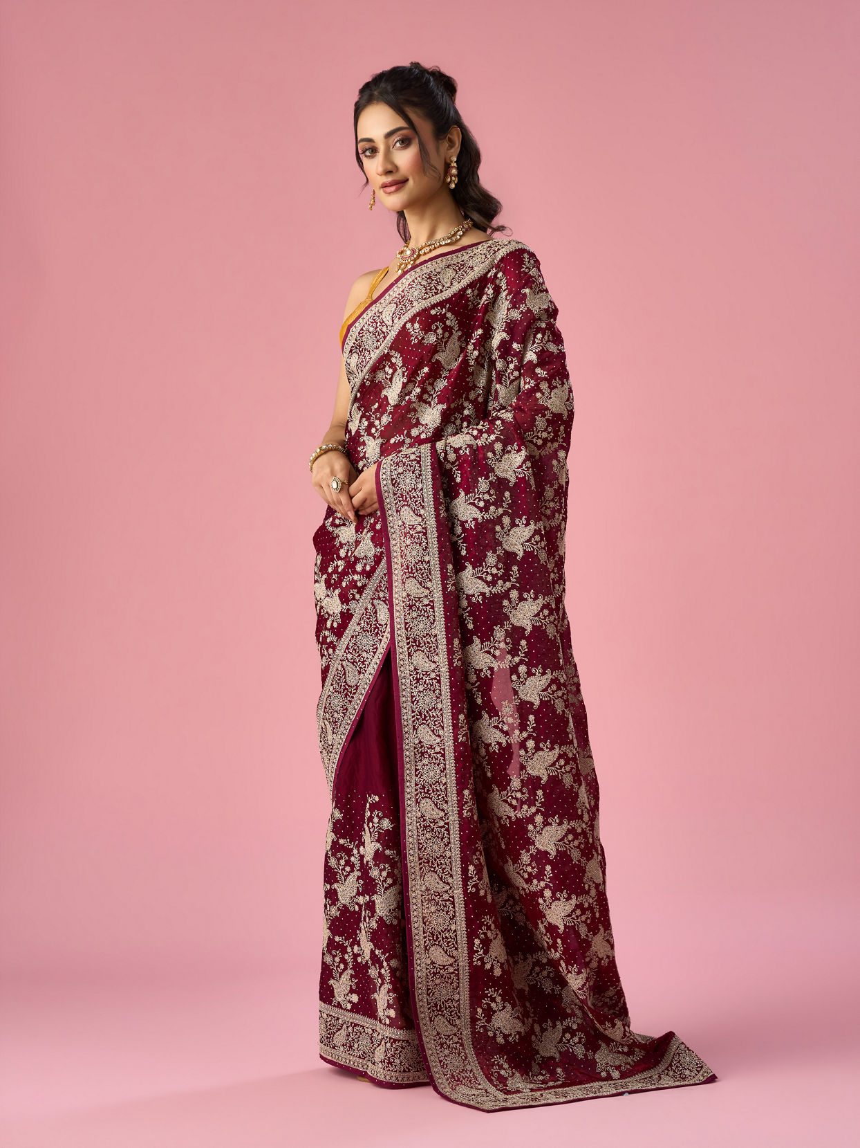 Mohey Women Wine Organza Saree with Stone Work