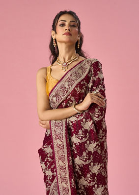 Mohey Women Wine Organza Saree with Stone Work