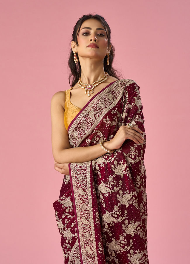 Mohey Women Wine Organza Saree with Stone Work