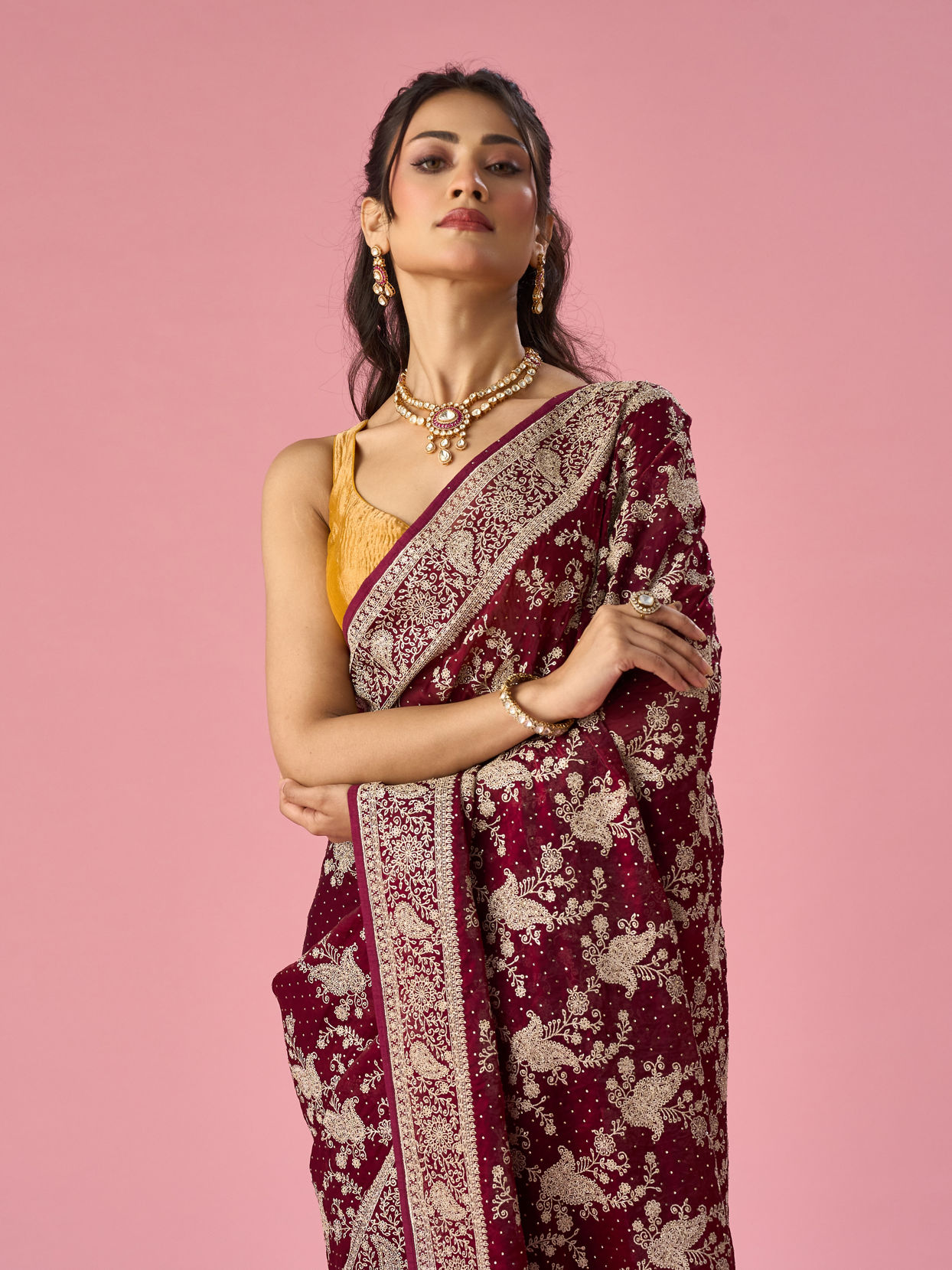 Mohey Women Wine Organza Saree with Stone Work