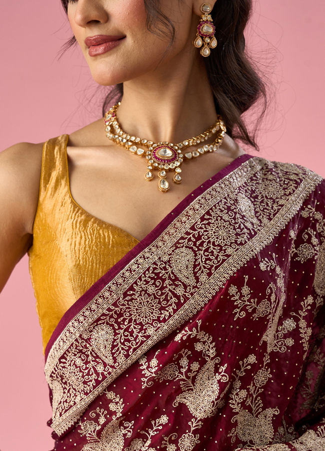 Mohey Women Wine Organza Saree with Stone Work