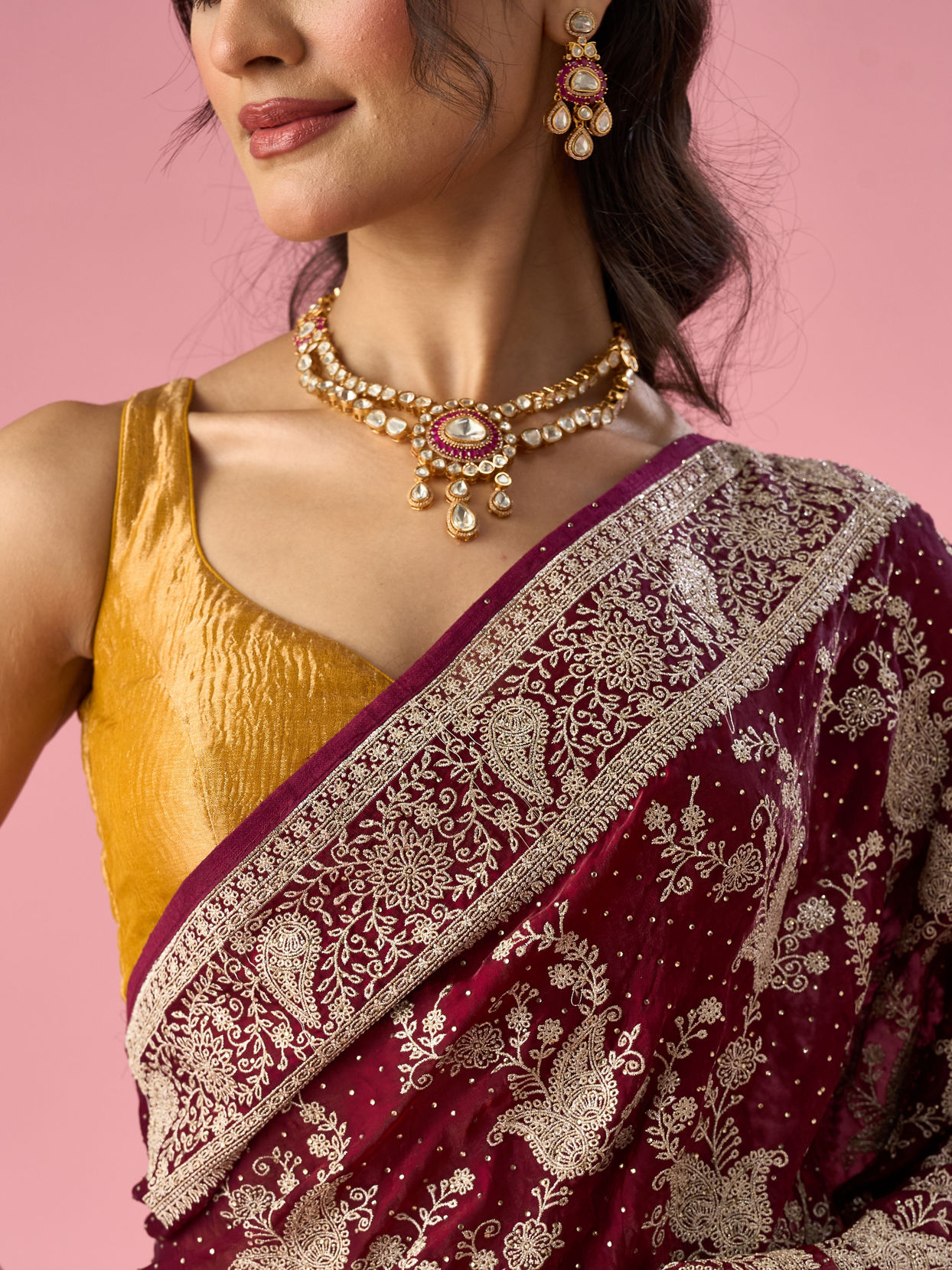 Mohey Women Wine Organza Saree with Stone Work