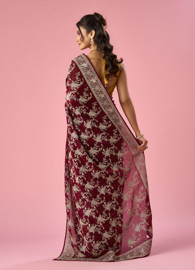 Mohey Women Wine Organza Saree with Stone Work