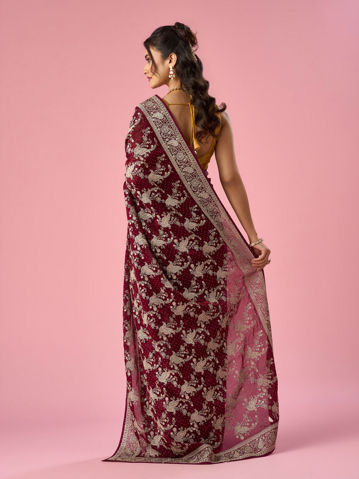 Mohey Women Wine Organza Saree with Stone Work