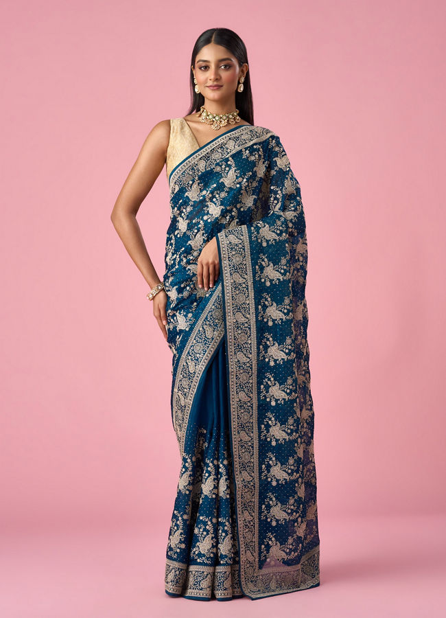 Mohey Women Blue Organza Saree with Stone Work