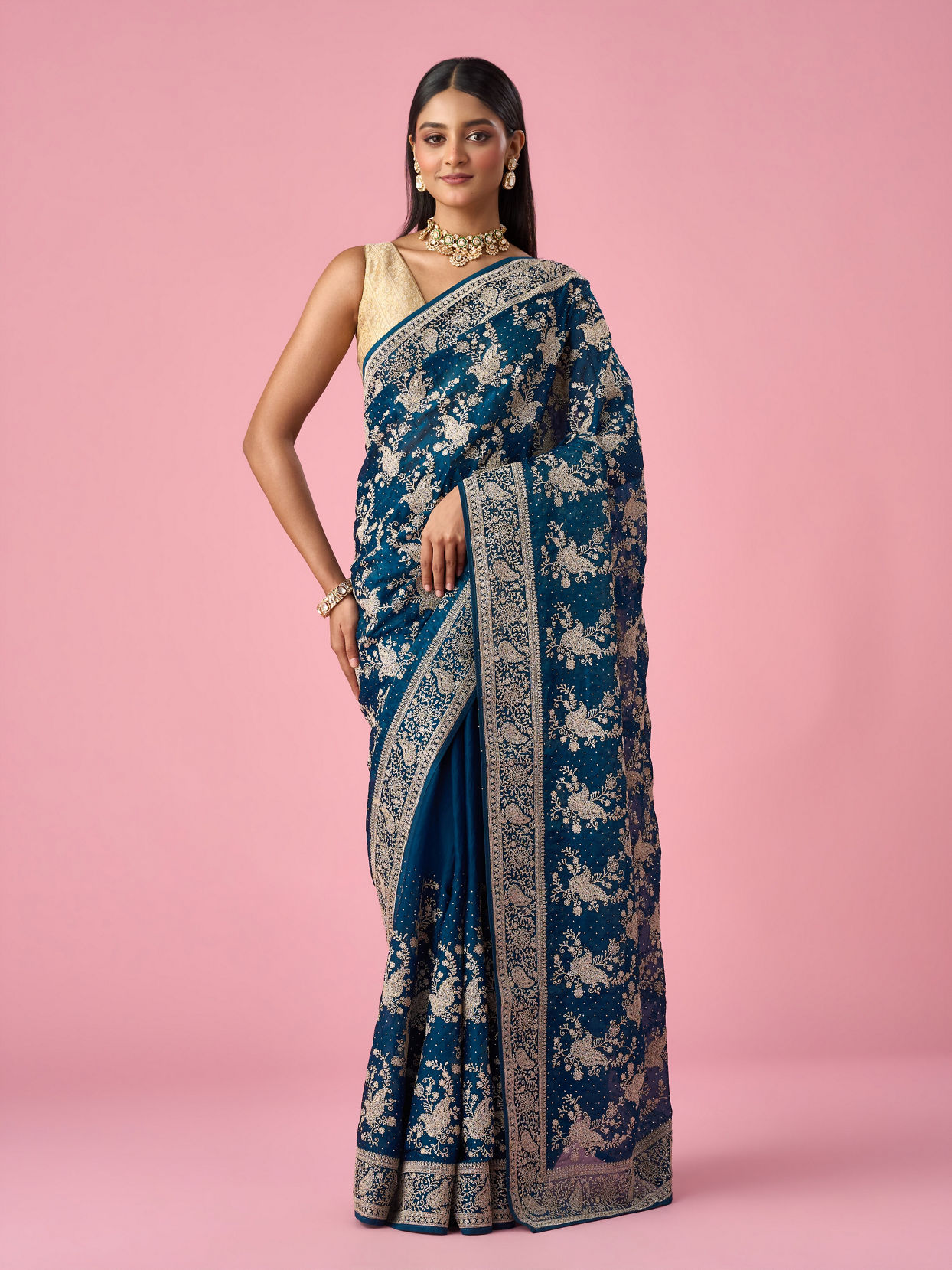 Mohey Women Blue Organza Saree with Stone Work