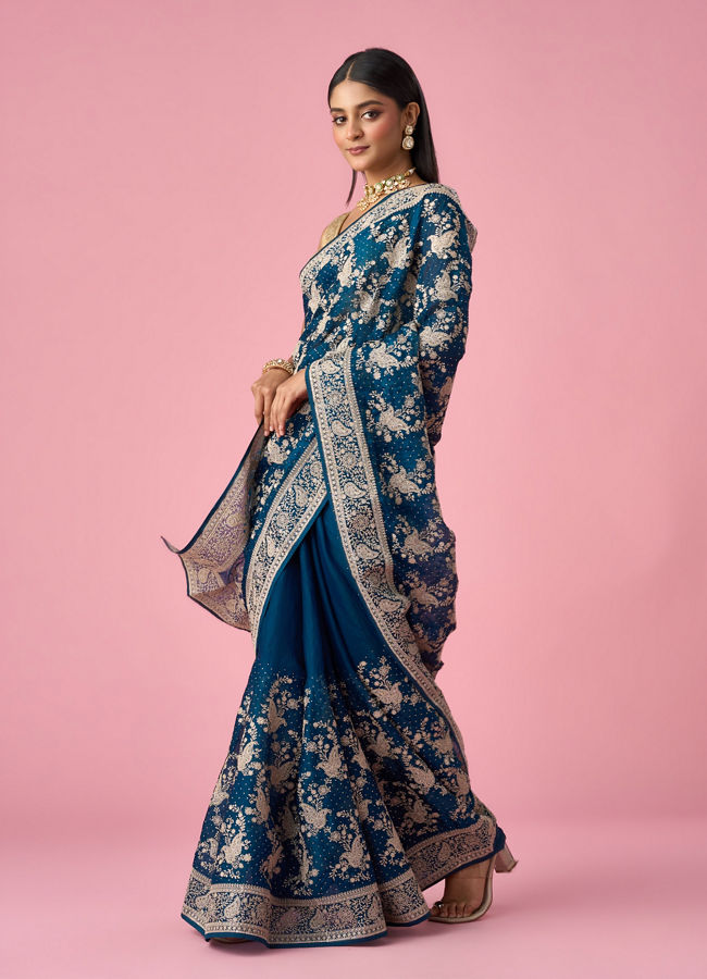 Mohey Women Blue Organza Saree with Stone Work