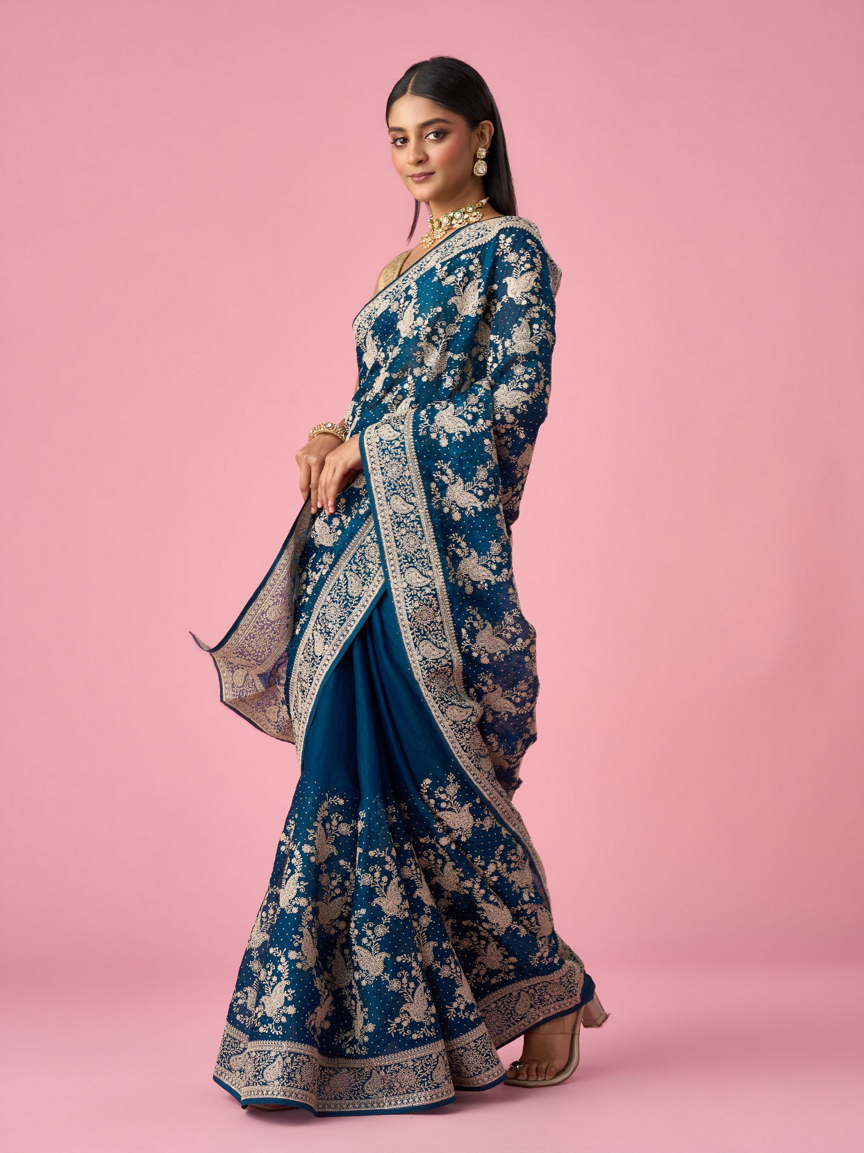 Mohey Women Blue Organza Saree with Stone Work