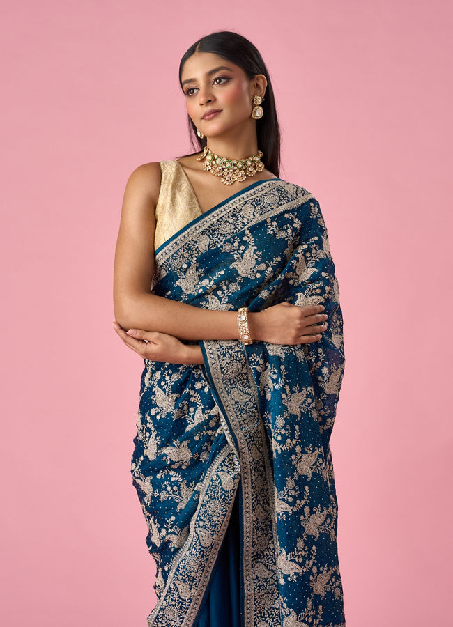 Mohey Women Blue Organza Saree with Stone Work