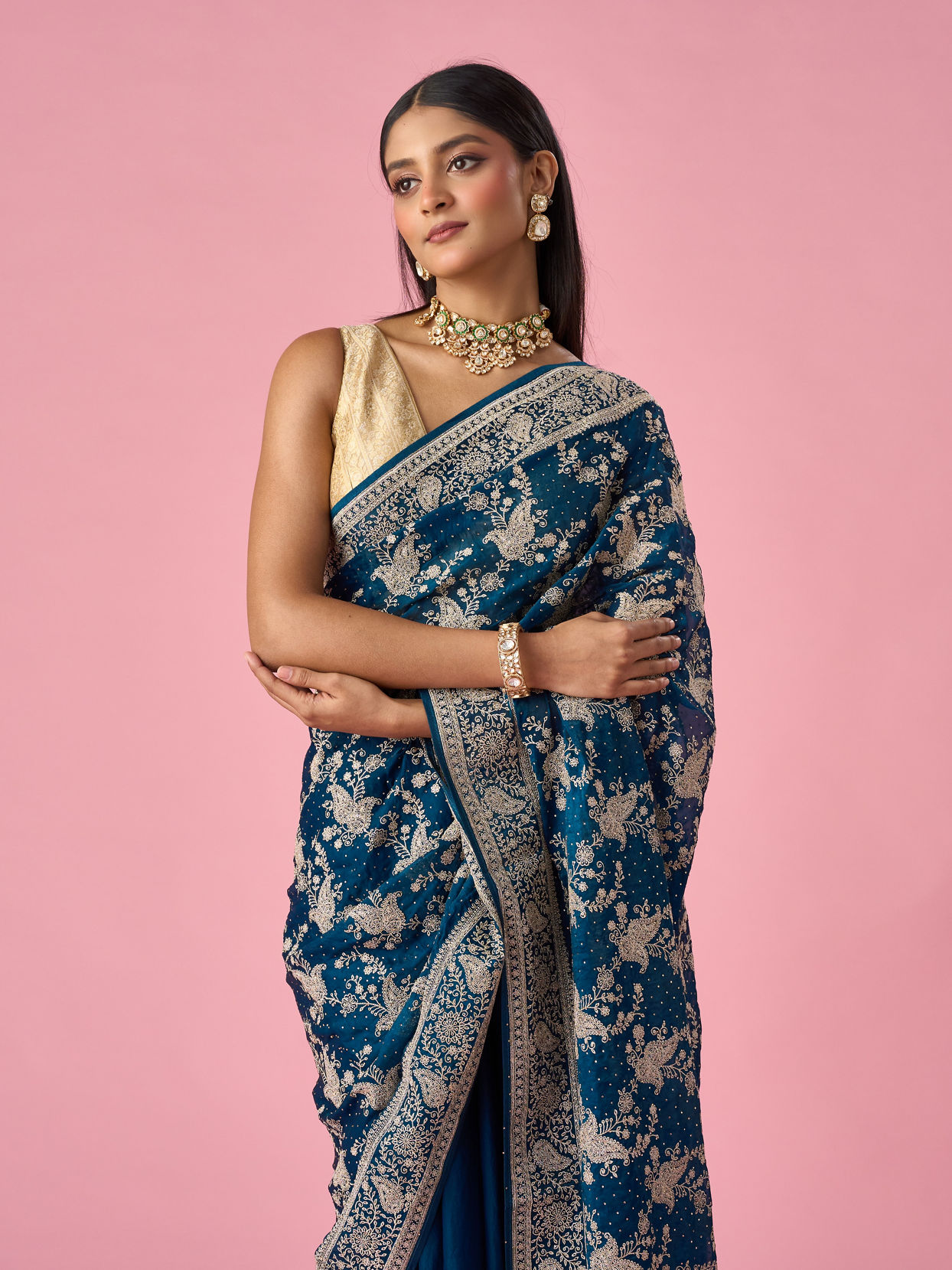 Mohey Women Blue Organza Saree with Stone Work