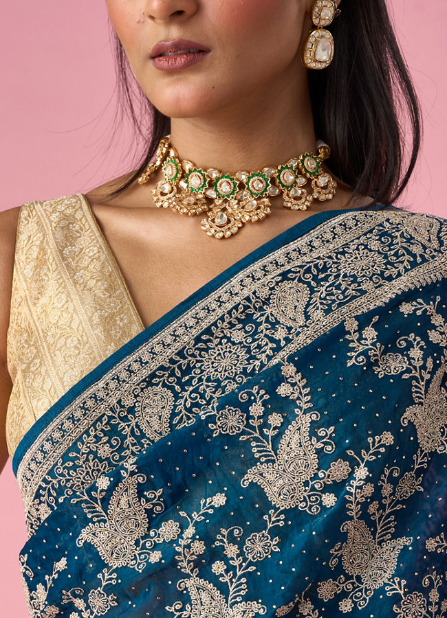 Mohey Women Blue Organza Saree with Stone Work