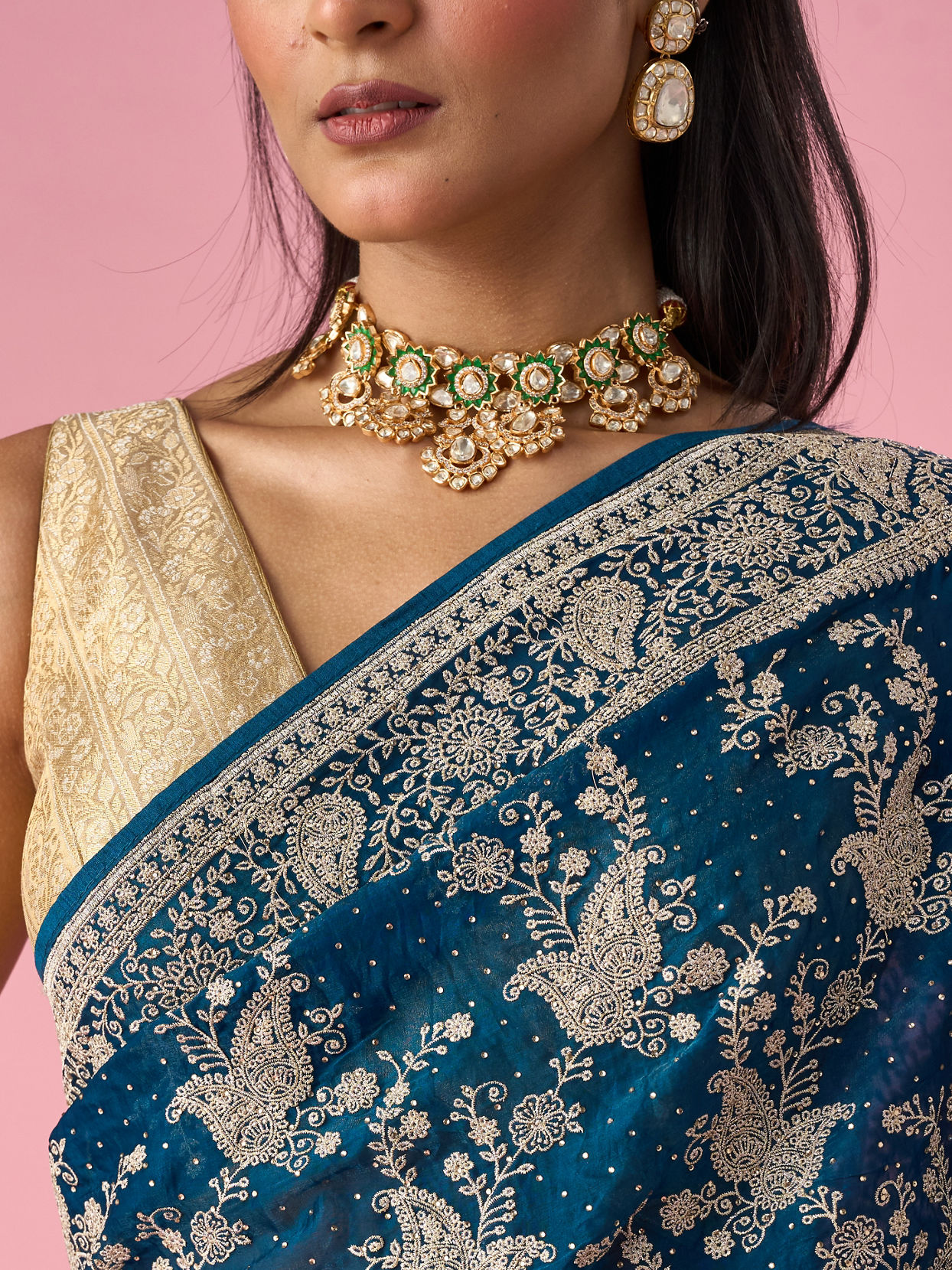 Mohey Women Blue Organza Saree with Stone Work