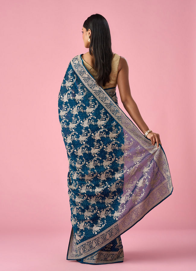 Mohey Women Blue Organza Saree with Stone Work