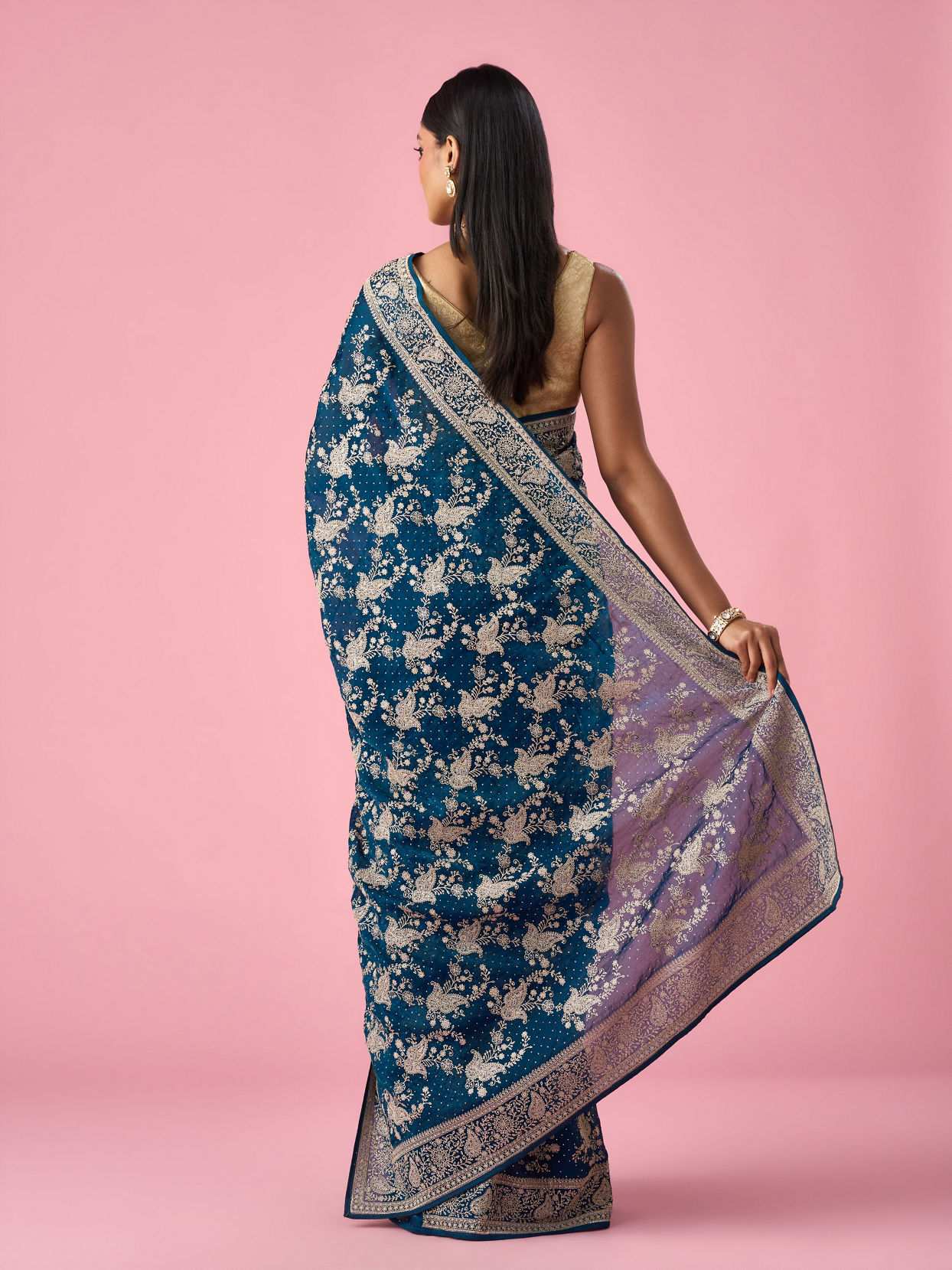 Mohey Women Blue Organza Saree with Stone Work