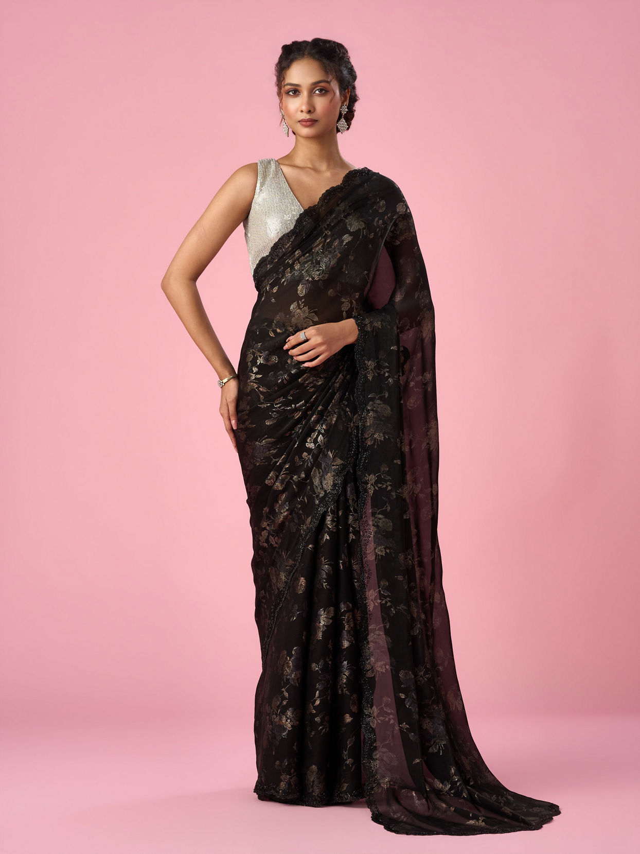 Mohey Women Black Organza Saree with Cutdana Work