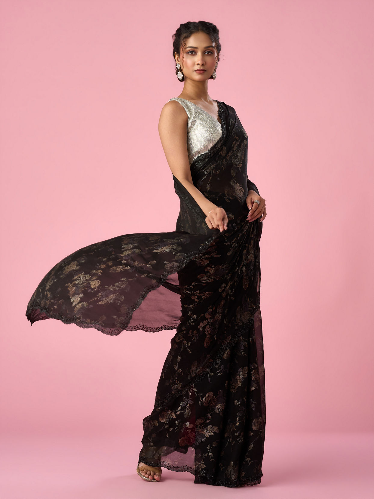 Mohey Women Black Organza Saree with Cutdana Work