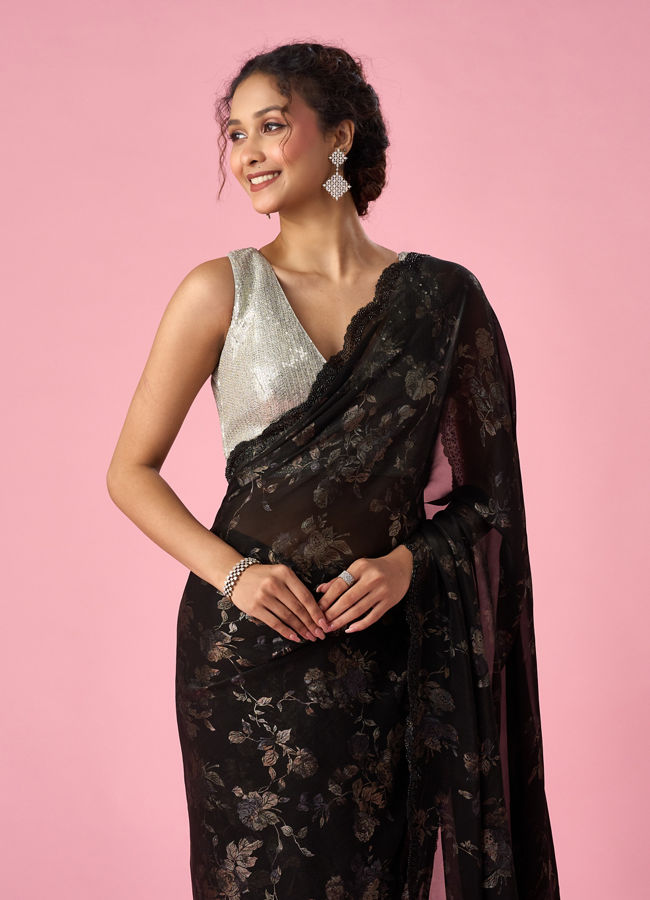 Mohey Women Black Organza Saree with Cutdana Work