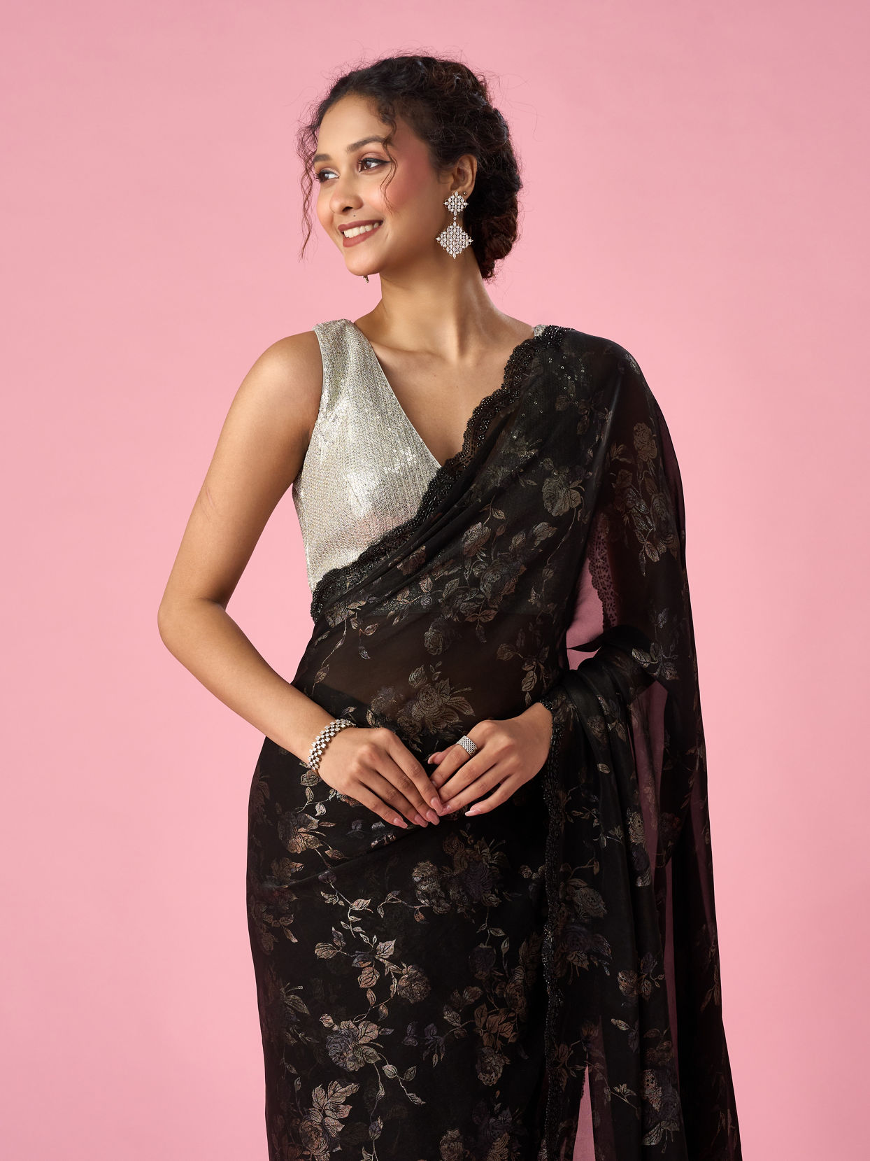 Mohey Women Black Organza Saree with Cutdana Work