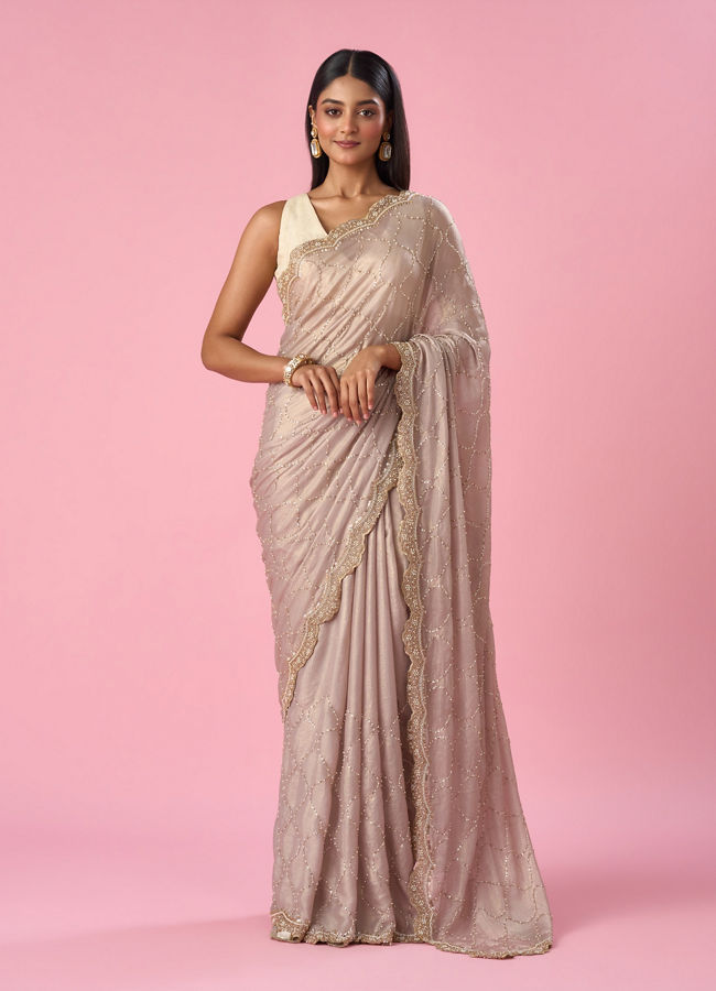 Mohey Women Fawn Chiffon Saree with Hand Embroidery