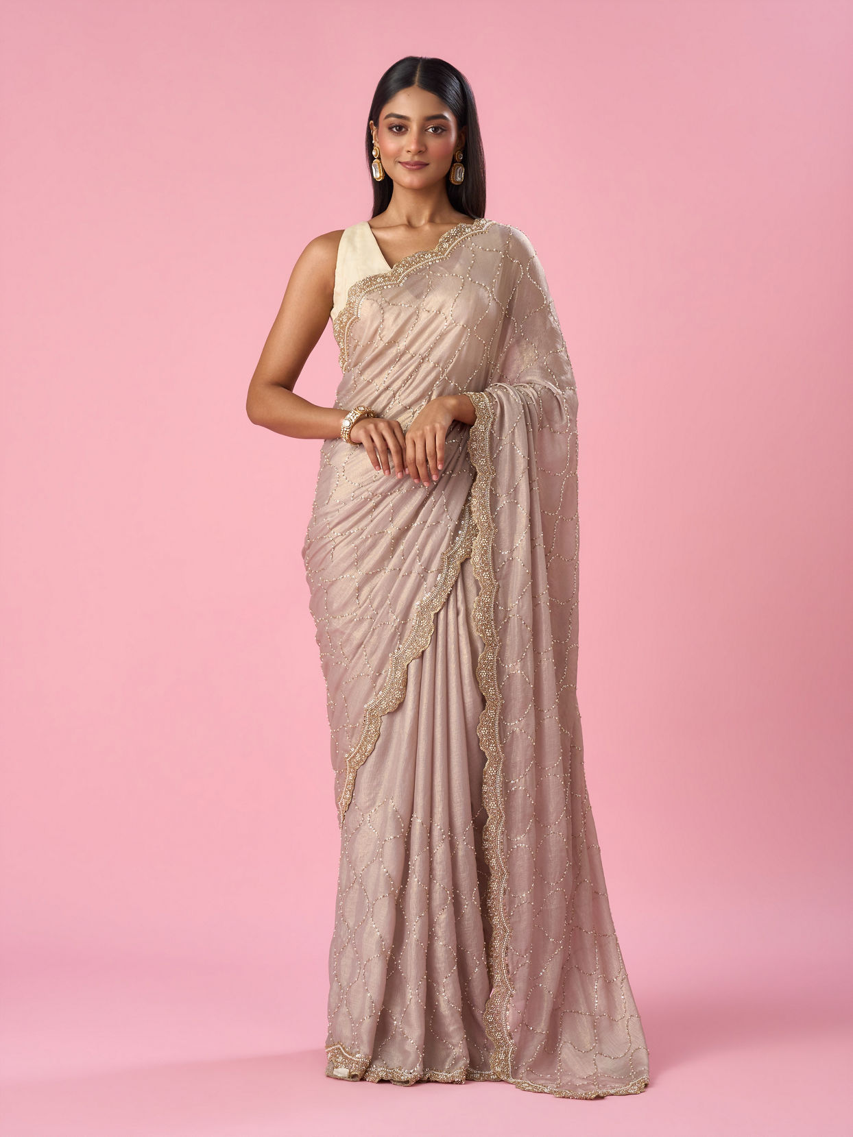 Mohey Women Fawn Chiffon Saree with Hand Embroidery