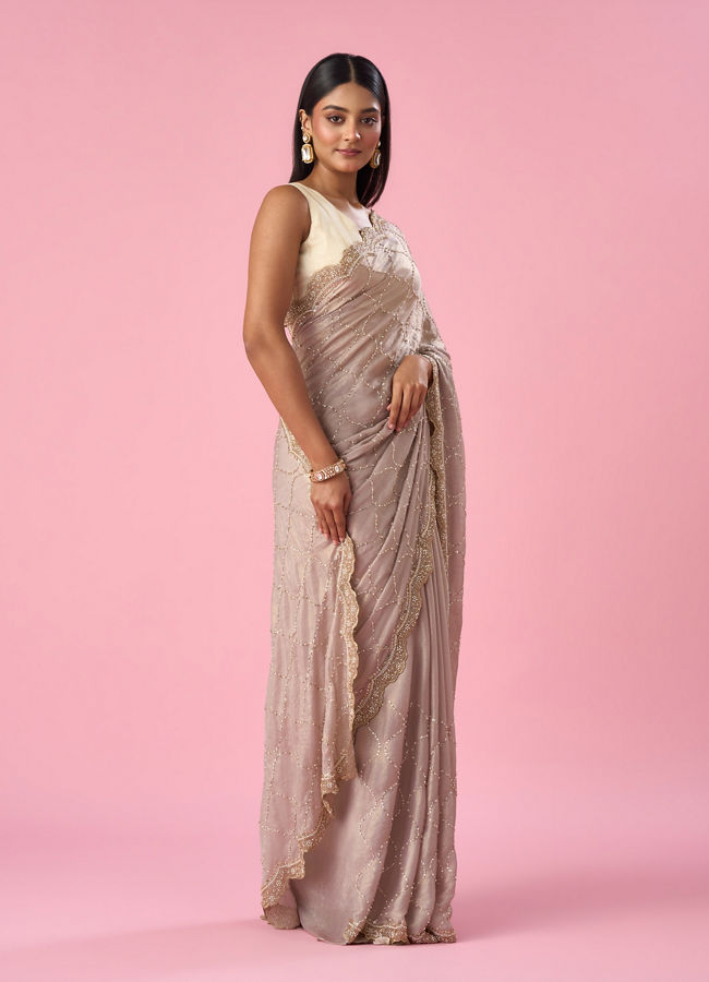 Mohey Women Fawn Chiffon Saree with Hand Embroidery