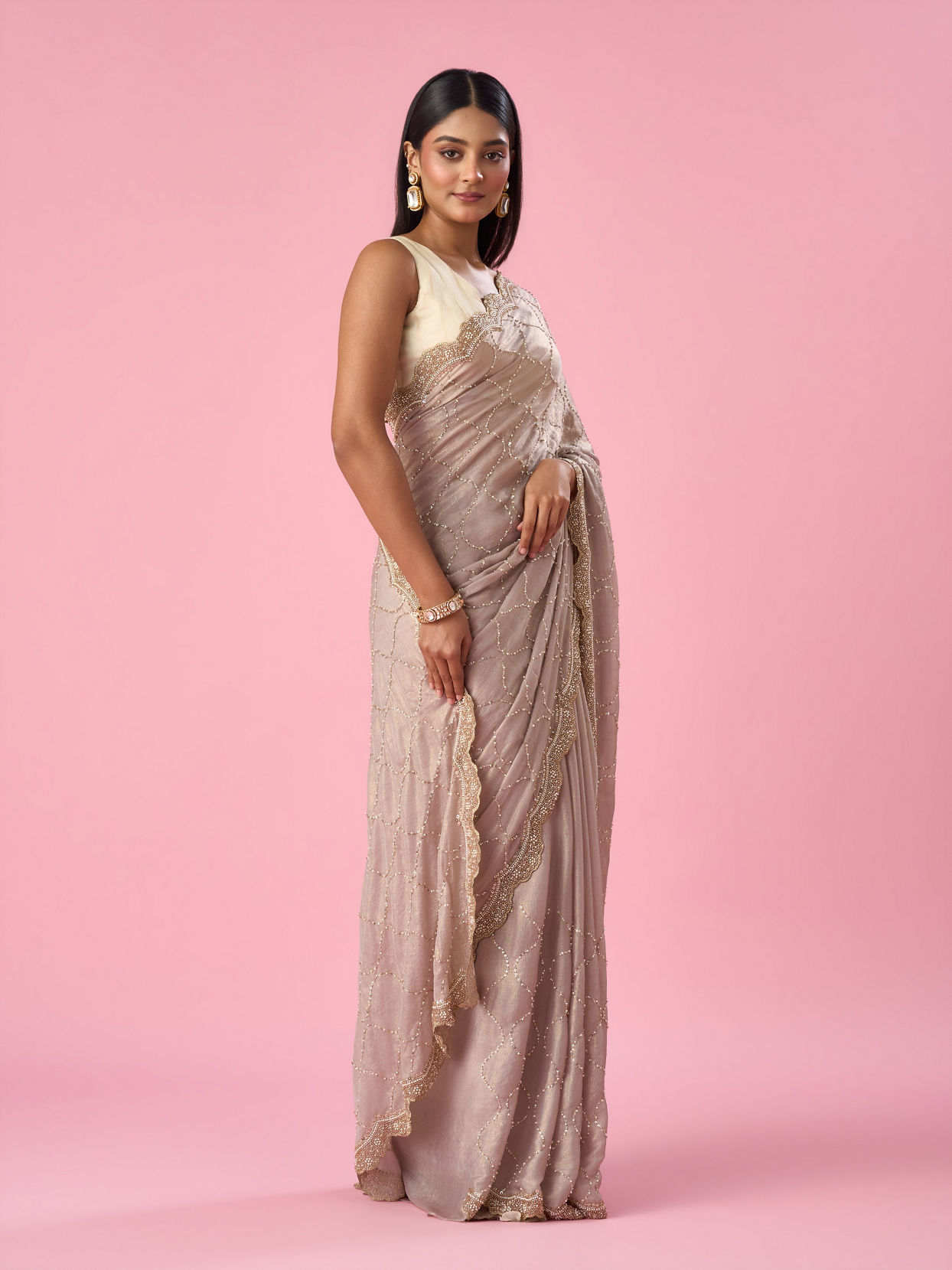 Mohey Women Fawn Chiffon Saree with Hand Embroidery