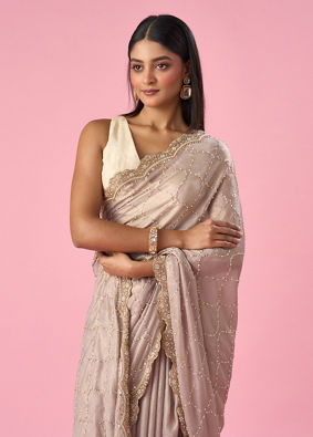 Mohey Women Fawn Chiffon Saree with Hand Embroidery