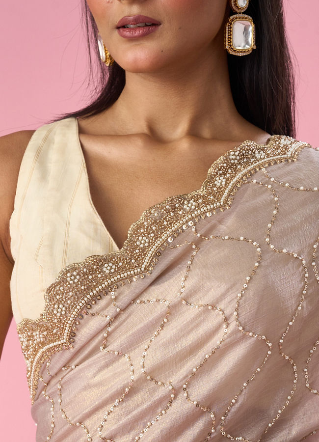 Mohey Women Fawn Chiffon Saree with Hand Embroidery