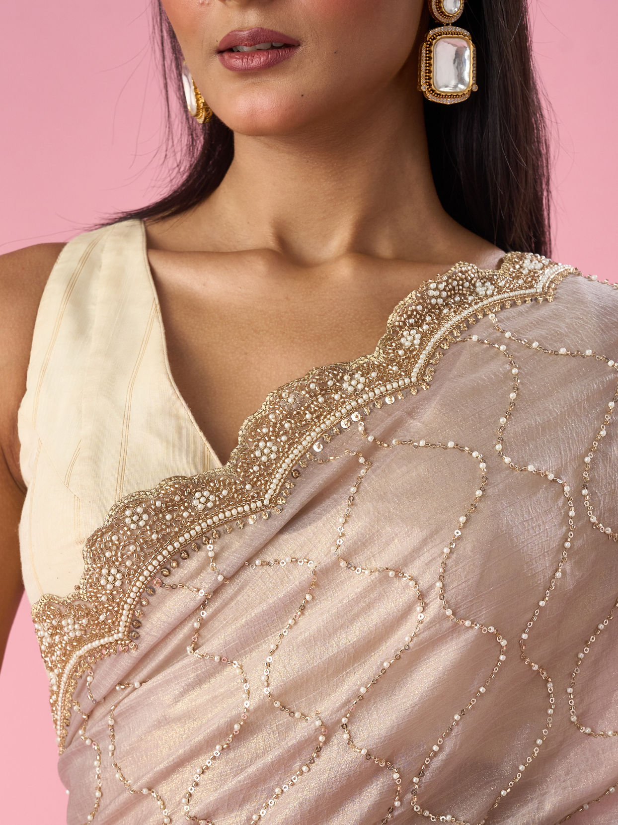 Mohey Women Fawn Chiffon Saree with Hand Embroidery