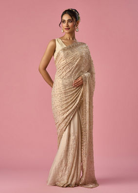 Mohey Women Cream Chiffon Saree with Hand Embroidery