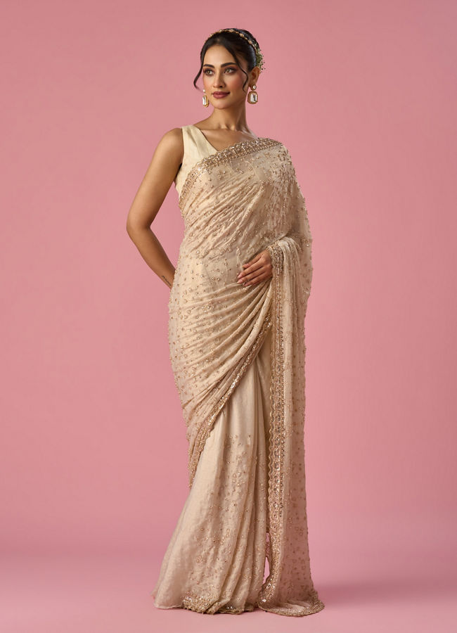 Mohey Women Cream Chiffon Saree with Hand Embroidery